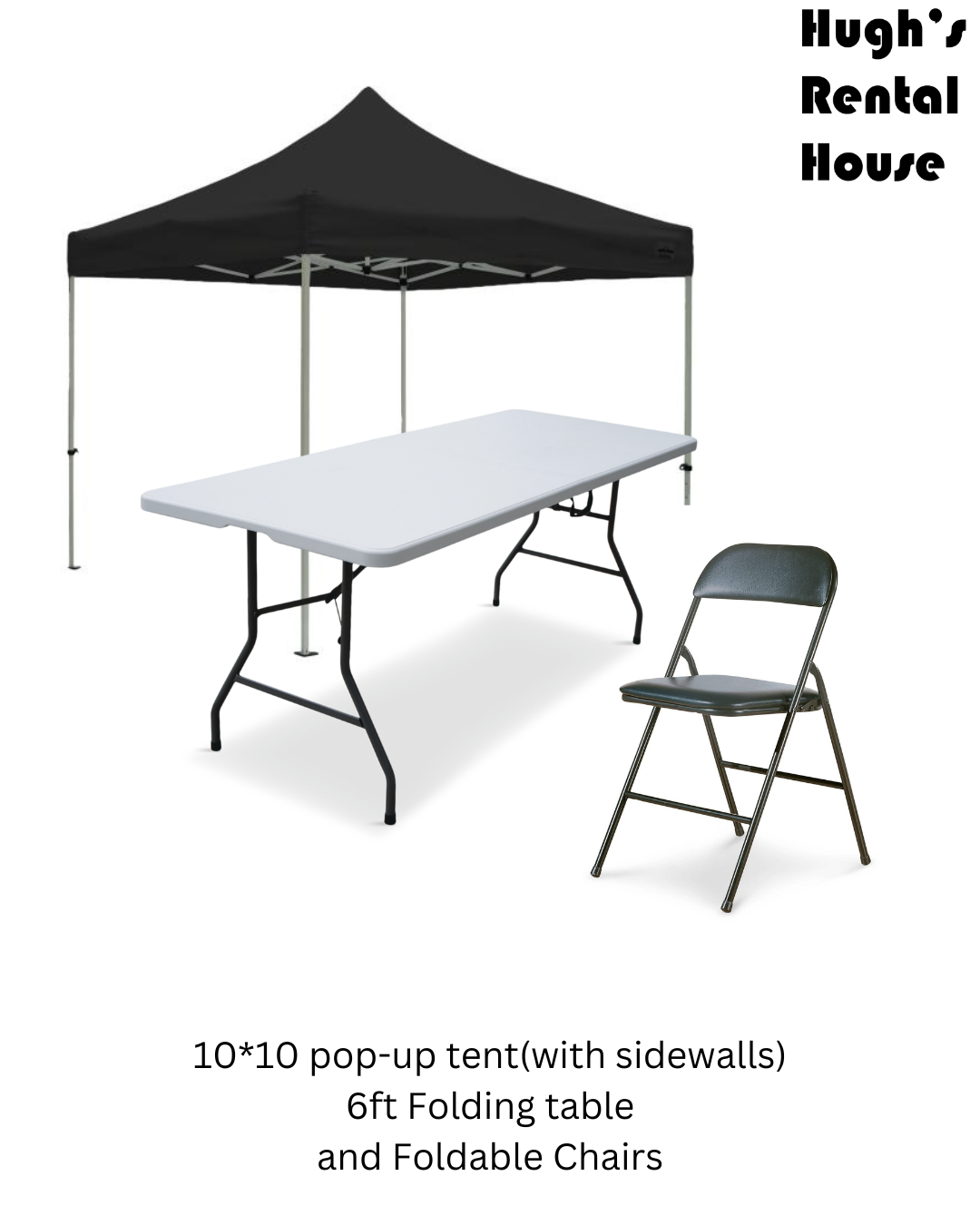 Black pop-up tent with a folding table and chair