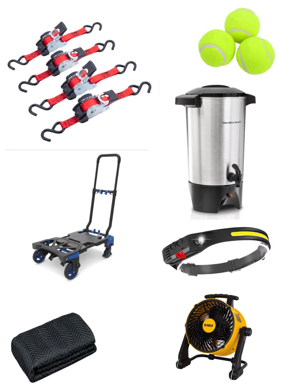 Production support items including a cart, coffee urn, blankets, fan and headlamp