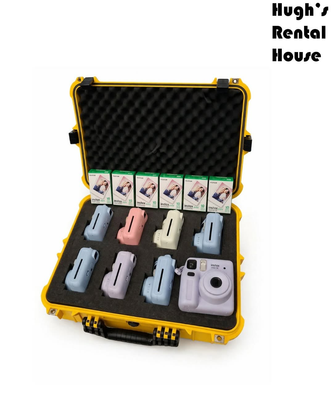 Open yellow case containing colourful Instax Mini cameras and film