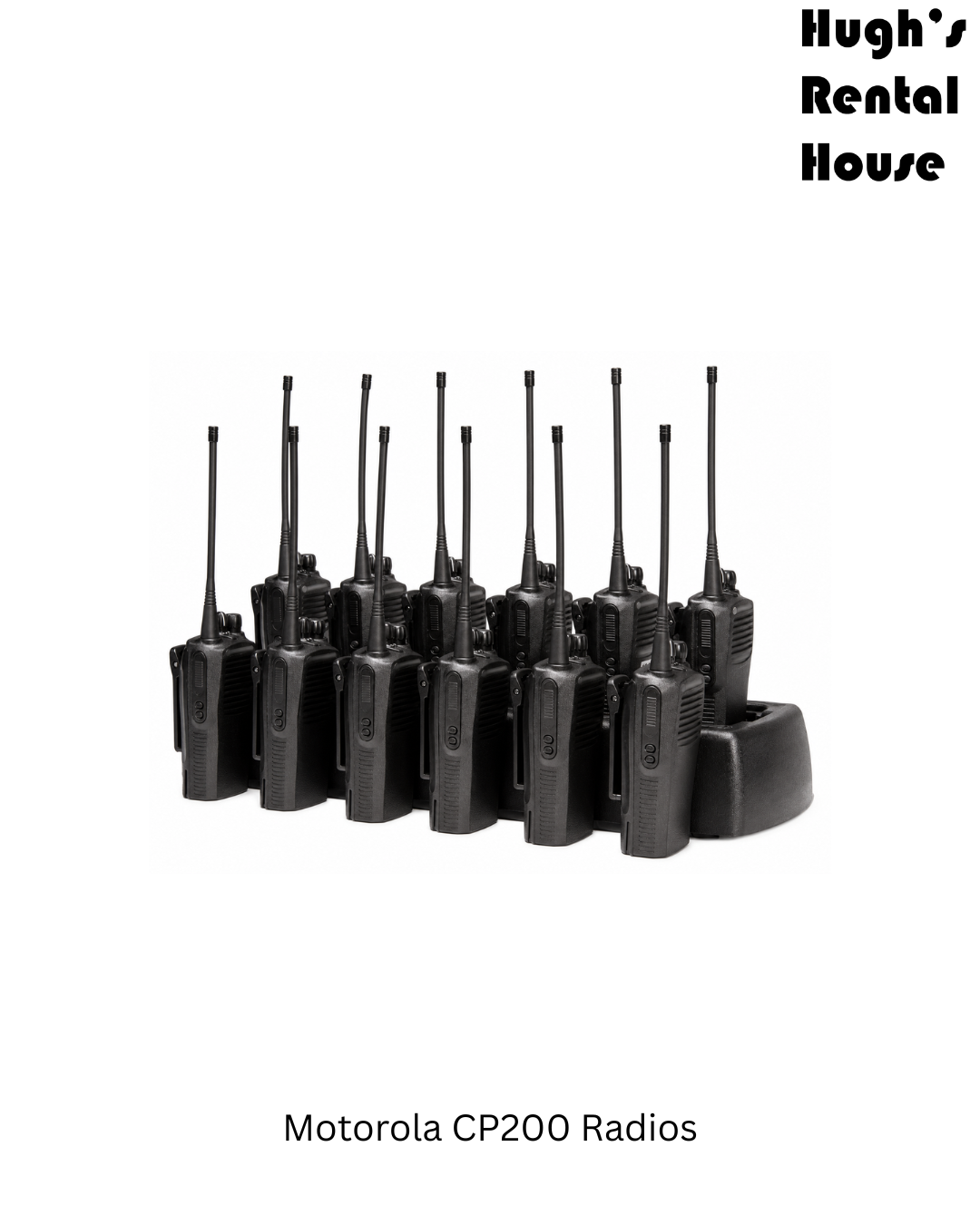 Motorola CP200 two-way radios arranged in charging stations